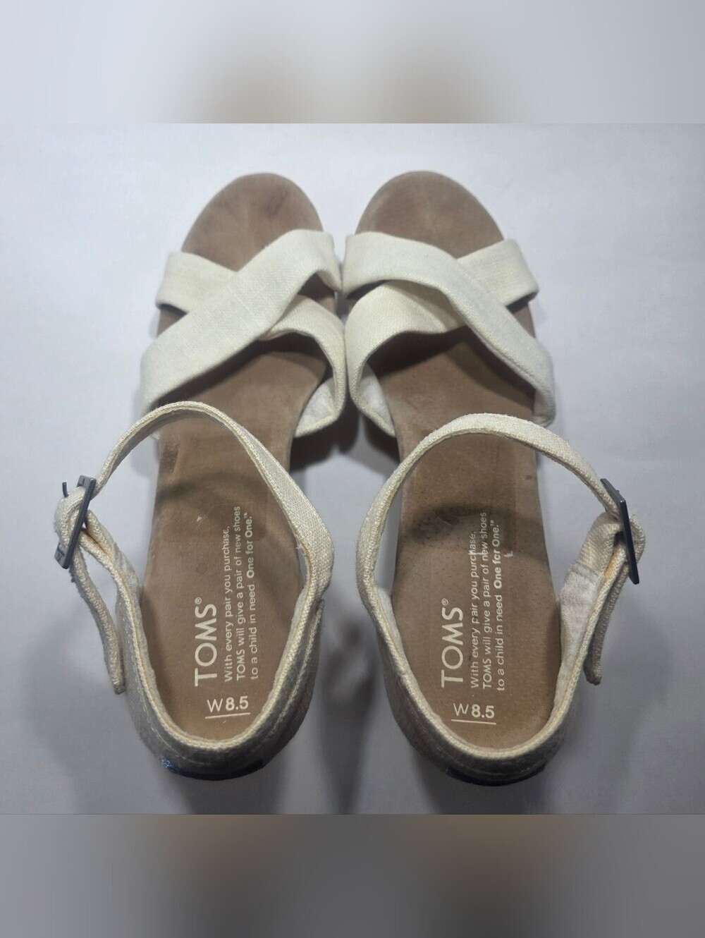 TOMS Women's Wedge Sandals Size 8.5 White Canvas Cork Heel Ankle Strap